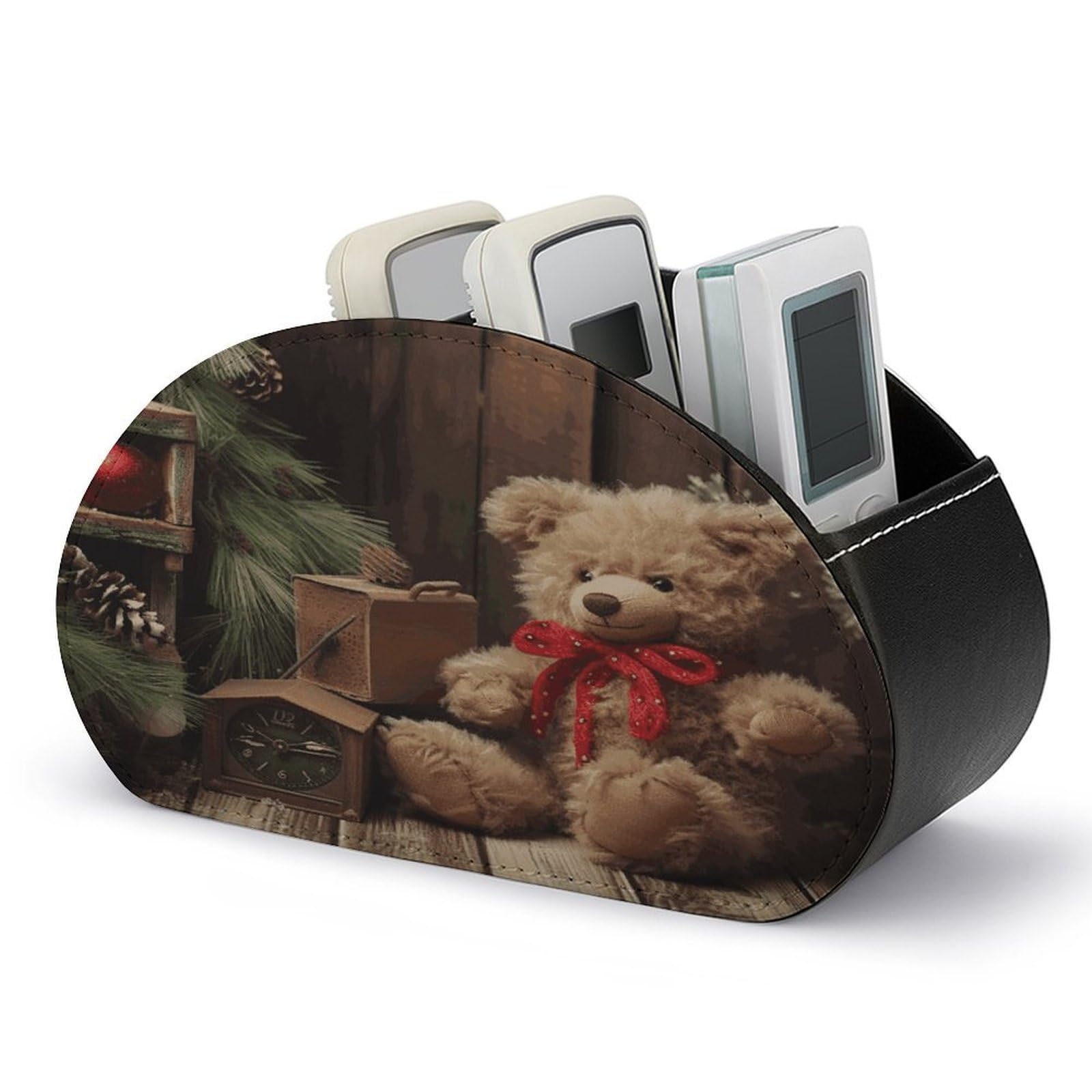 FekiLoot Xmas Tree Branch Bear Doll Remote Control Holder, PU Leather Remote Control Organizer Box Stationery Remote Control Box Desk Storage Organizer for DVDs,Glasses,Pens,Media Players