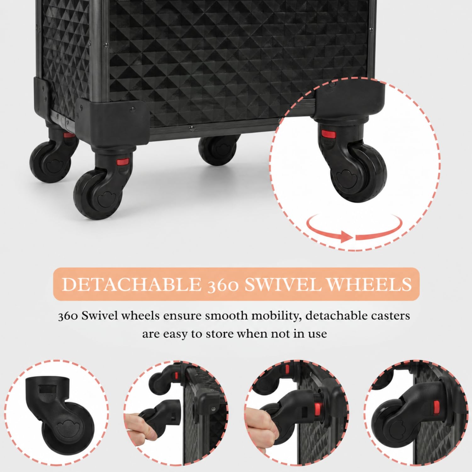 SHAMAX Professional Rolling Makeup Train Case, Cosmetic Organizer Trolley, Makeup Artist Vanity Trolley for Hairdressers, Salon, Nail Artist & Beauty MUA, 360° Silent Universal Self Lock Wheels 3