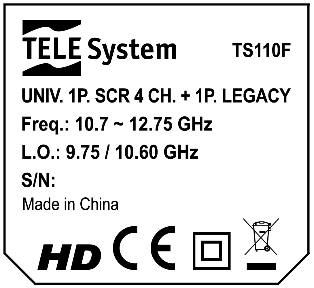 TELE System LNB universale SCR, convertitore 1 porta SCR 4 canali + 1 porta Legacy - LTE Stop - Low noise block-converter TS110F SCR. Protezione dalle intemperie