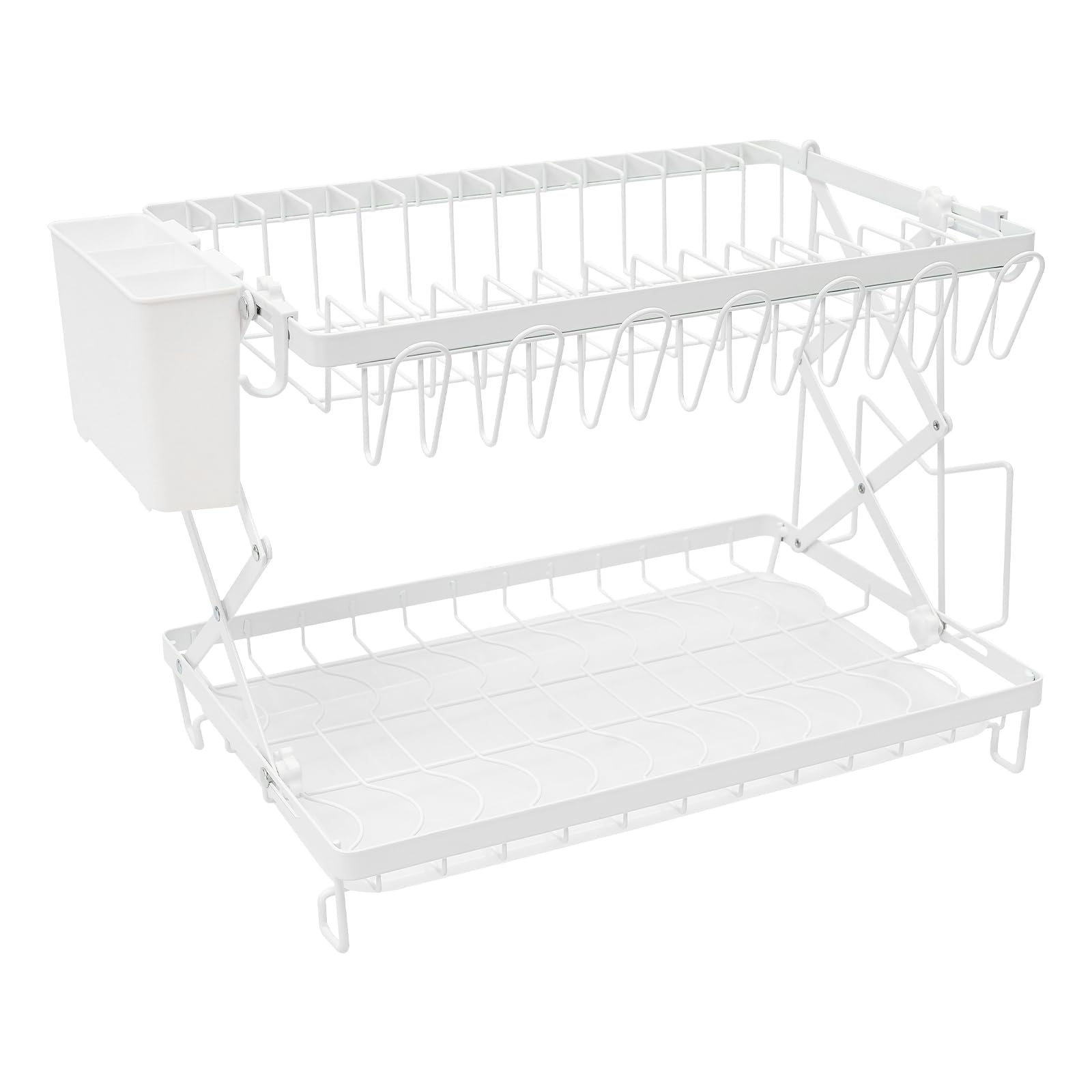 Escurreplatos de vajilla, 2 niveles con ganchos, almohadillas antideslizantes, soporte para tabla de cortar, cesta de almacenamiento, secador de platos para cocina, organizador de ahorro de espacio,