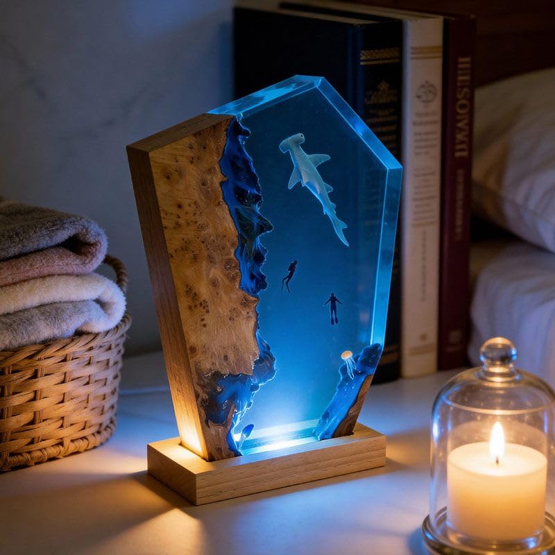 RESLOL Creative Ocean Epoxy Resin Wood Night Light, Handmade 3D Sea Life Resin Lamps, Deep Sea Diver Ornament, Epoxy Resin Lamp Handmade Home Desk Decor, Mothers Fathers Day Birthday Gift (Style 7)
