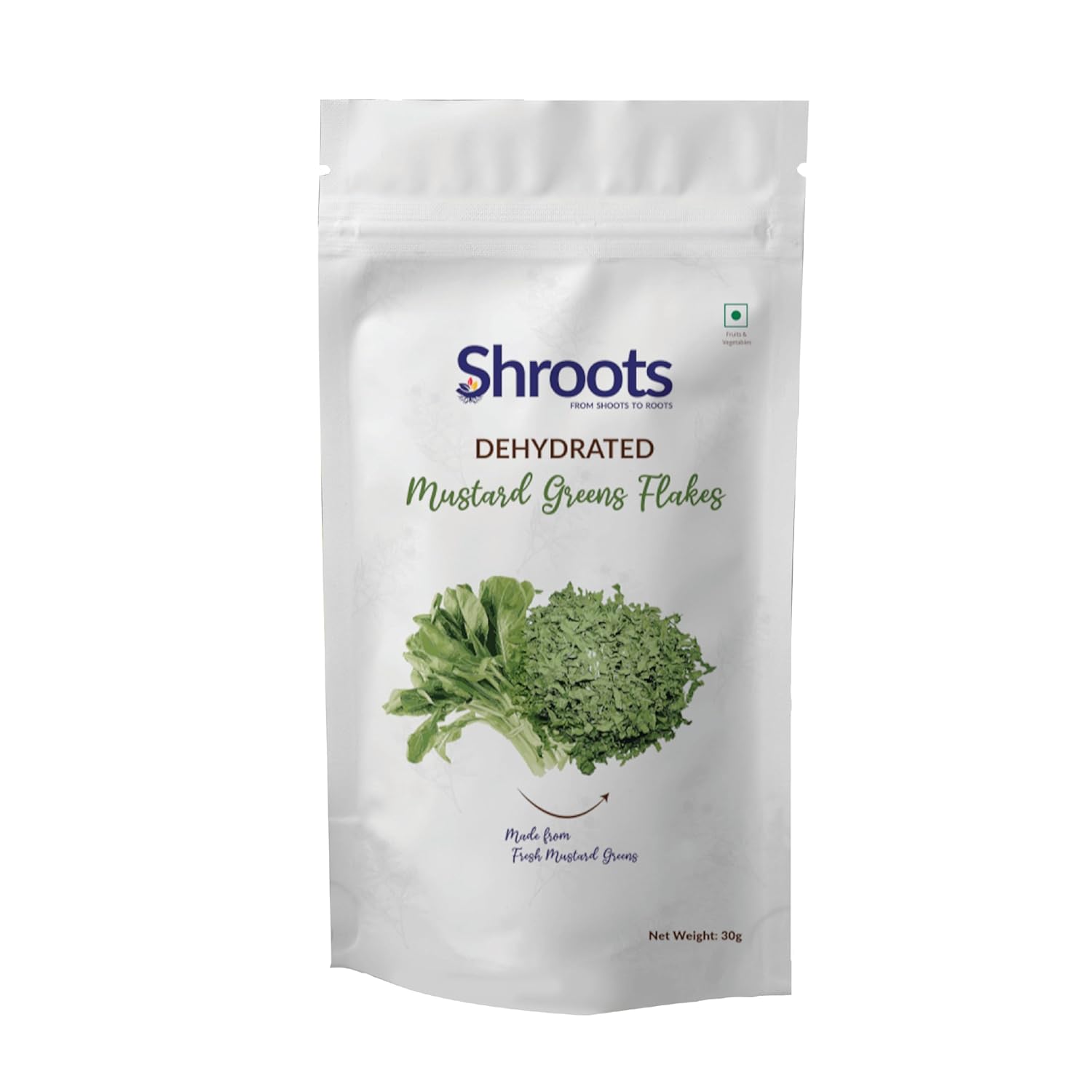 SHROOTS Dehydrated Mustard Green Leaves (Sarso) Flakes Pure Vegetarian Gluten-Free No Added Salt Easy Cooking Machine Dried Vegetables with Natural Aroma Ideal for Everyday Meals 1.06 oz, Pack of 1