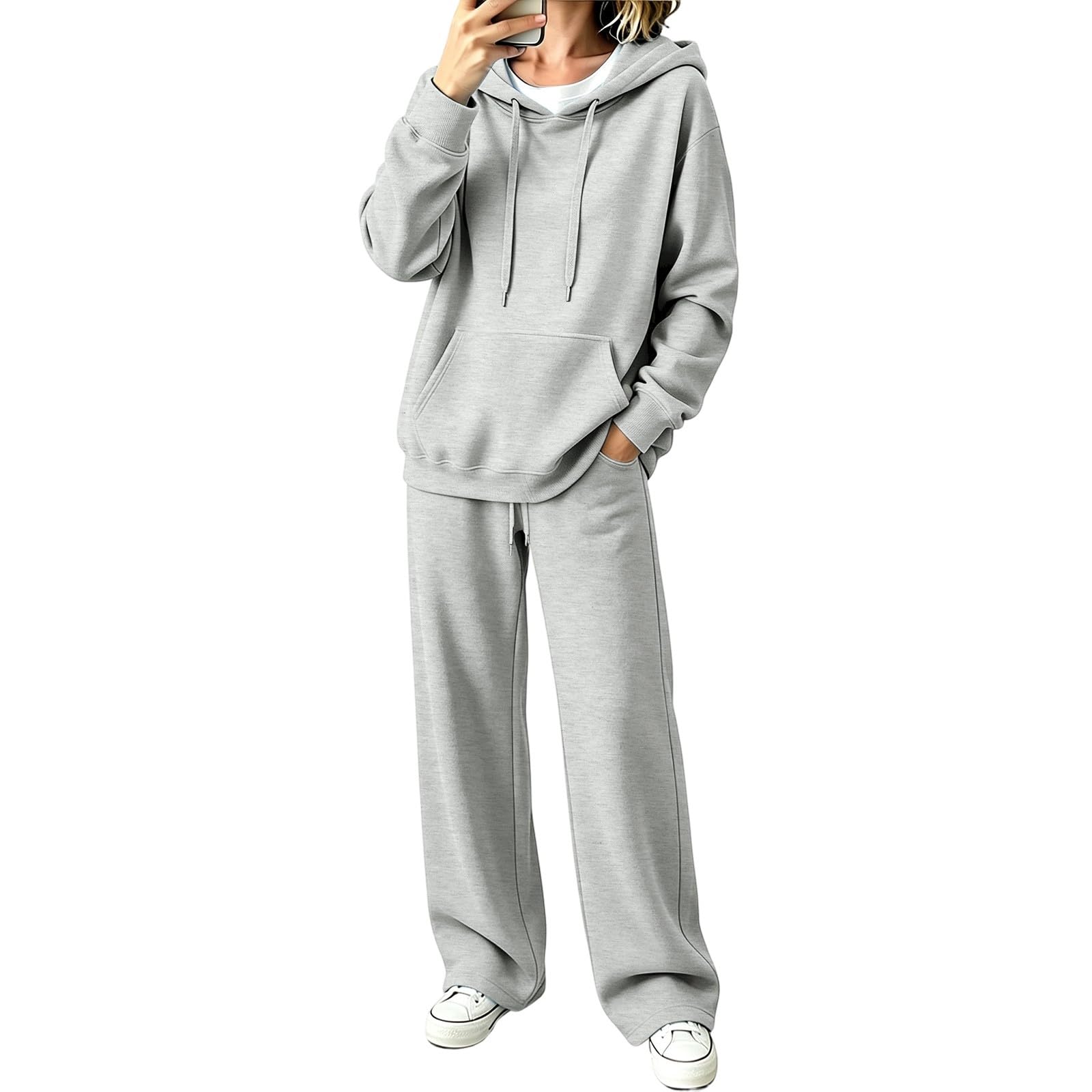 Tuta da jogging da donna elegante in due pezzi, tuta sportiva per il | Con tasca a marsupio, felpa con cappuccio e gamba larga, pantaloni da jogging in due pezzi, casual, vestibilità regolare