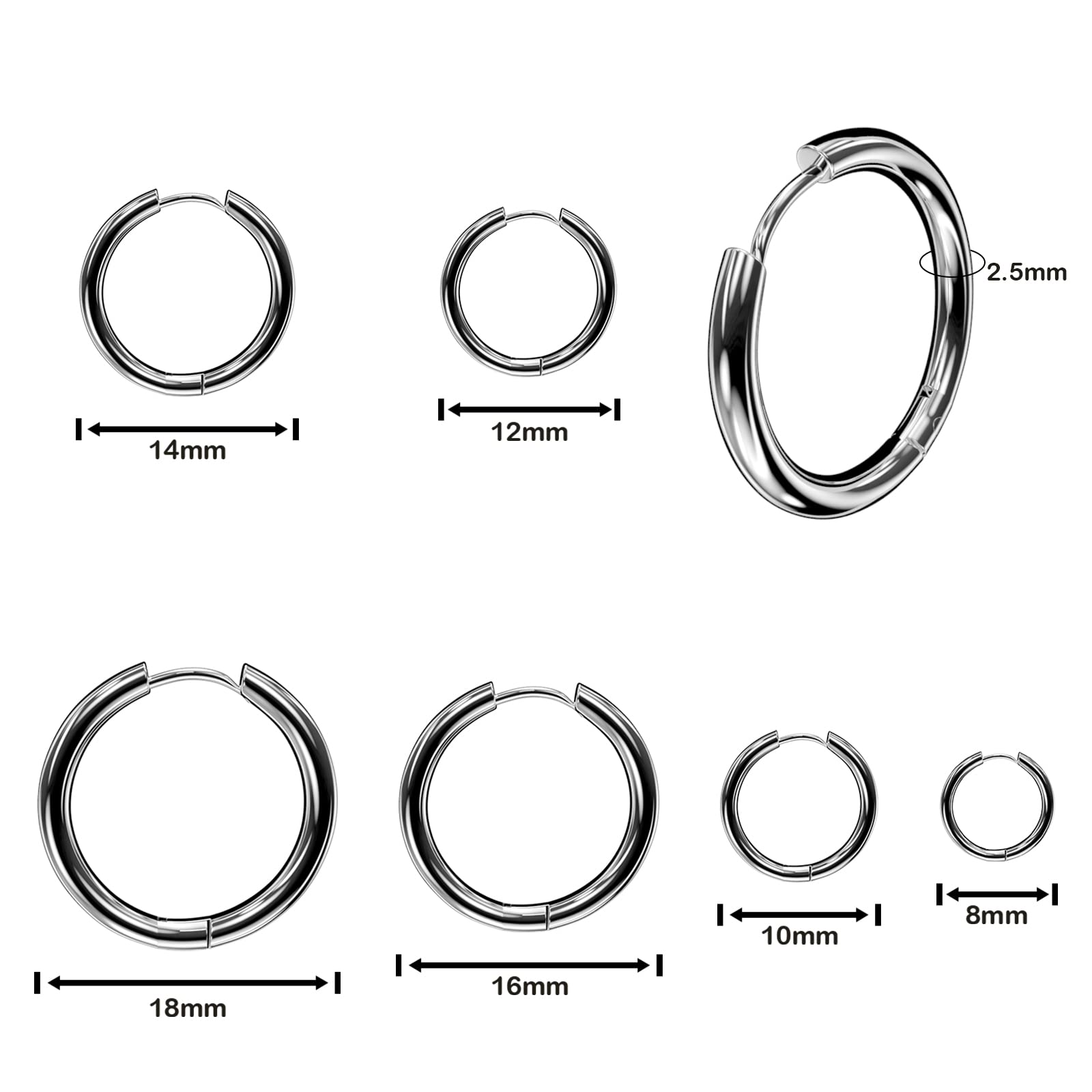 6 Paia Orecchini Acciaio Inossidabile di Orecchini Cerchio Piccoli per Uomini e Donne Ipoallergenici Set di Orecchini 8-18 mm (argento)