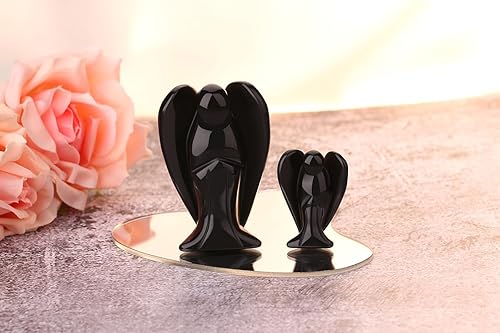 Miniatura 3 de QINJIEJIE Figura de ángel de cristal de obsidiana negra de 3 pulgadas, decoración de ángel de la paz curativa, estatua de guardián pulida, estatua