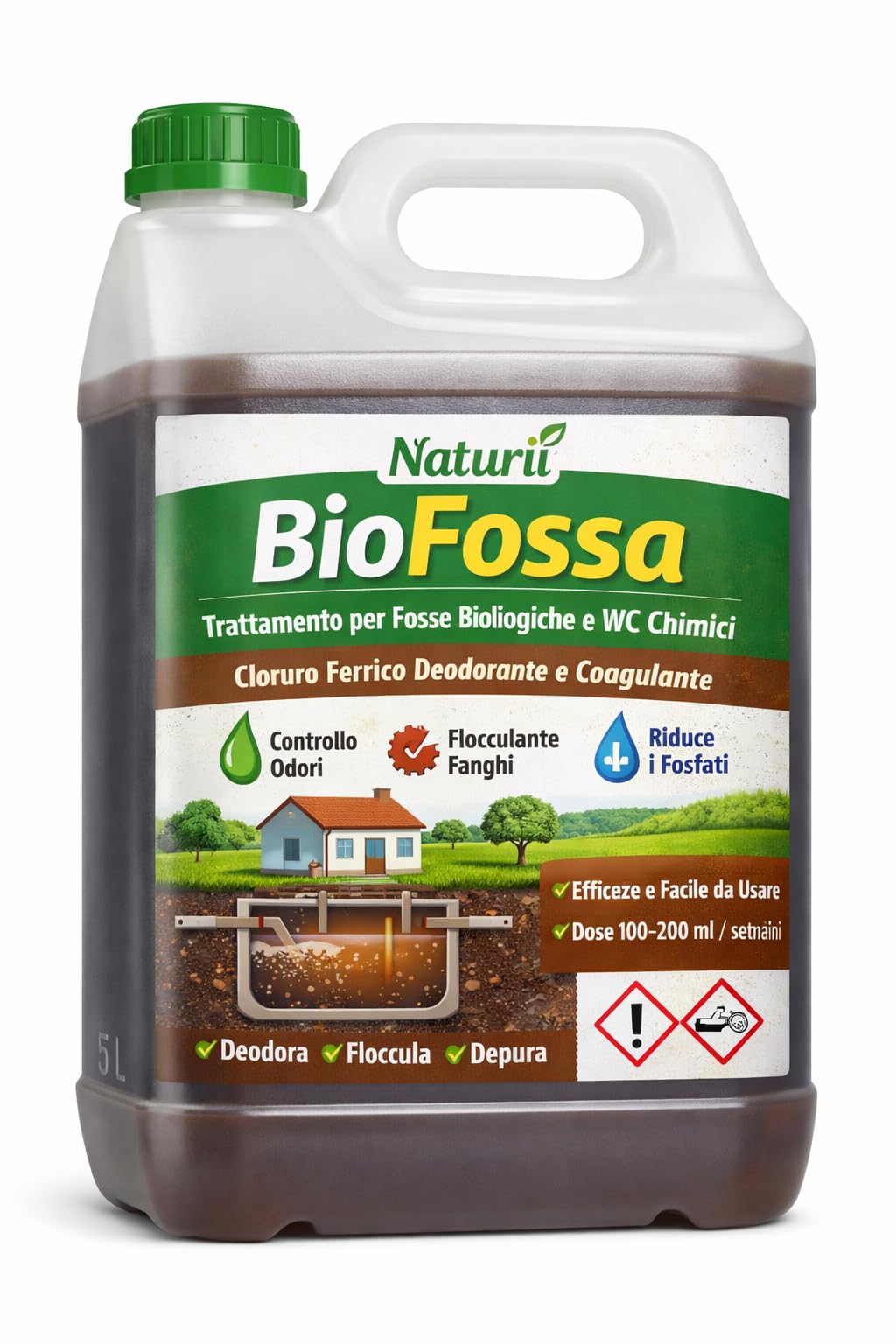 Naturii BioFossa Cloruro Ferrico per Fosse Biologiche e Imhoff | Elimina Odori (H₂S), Flocculante Fanghi e Riduttore Fosfati | 5 Litri