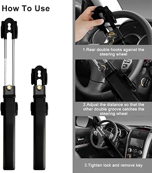 Steering Wheel Lock Twin Bar, Car Steering Wheel Locks, Universal Steering Lock Heavy Duty High Visibility Universal Fit for Cars, SUVs, Motorhomes, Caravans, 2 Keys (Black)
