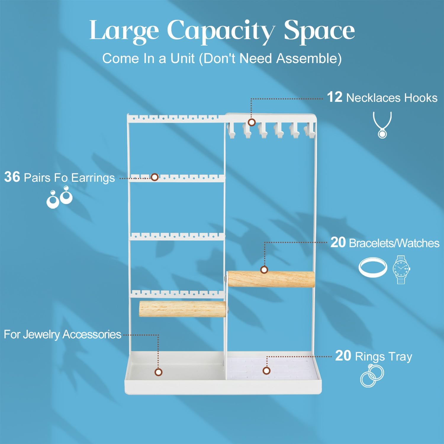 Jewelry Organizer Stand, Jewelry Holder Tree and Storage, Super Large Capacity, 72 Earring Holes, 12 Necklace Hooks, 20 Rings Slot, 2 Bracelet Bars, Assemble Not Required, Size 3.94*9.84*13.78 Inch - Image 8