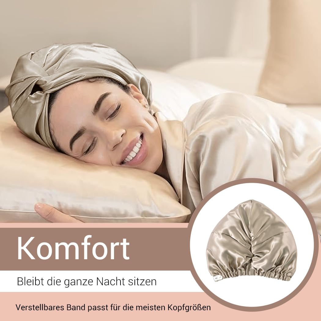 ‌LaCourse Rutschfeste Verstellbare Echte 22 Momme 100% Maulbeerseiden-Seidenhaube zum Schlafen, Doppellagige Seidenhaube für optimale Haargesundheit, Karamell