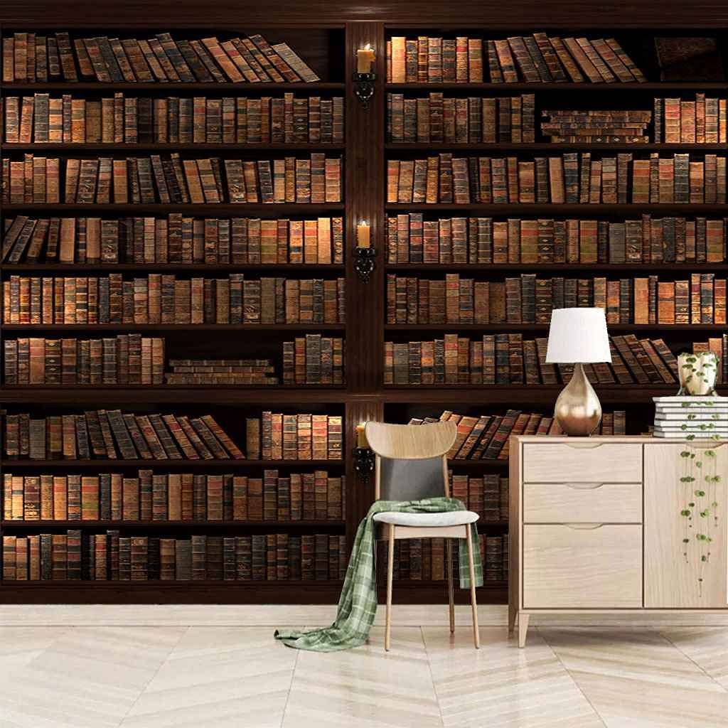 Papier Peint Panoramique 3D Toile Premium Effet Trompe l'Oeil Bibliothèque Rétro