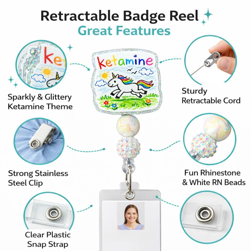 Anesthesia Unicorn Badge Reel Ketamine Propofol Retractable ID Name Holder ER ICU Hospital Clinic Accessories Gift for Anesthesiologist CRNA Surgical Tech Pharmacy Technician Psych Nurse