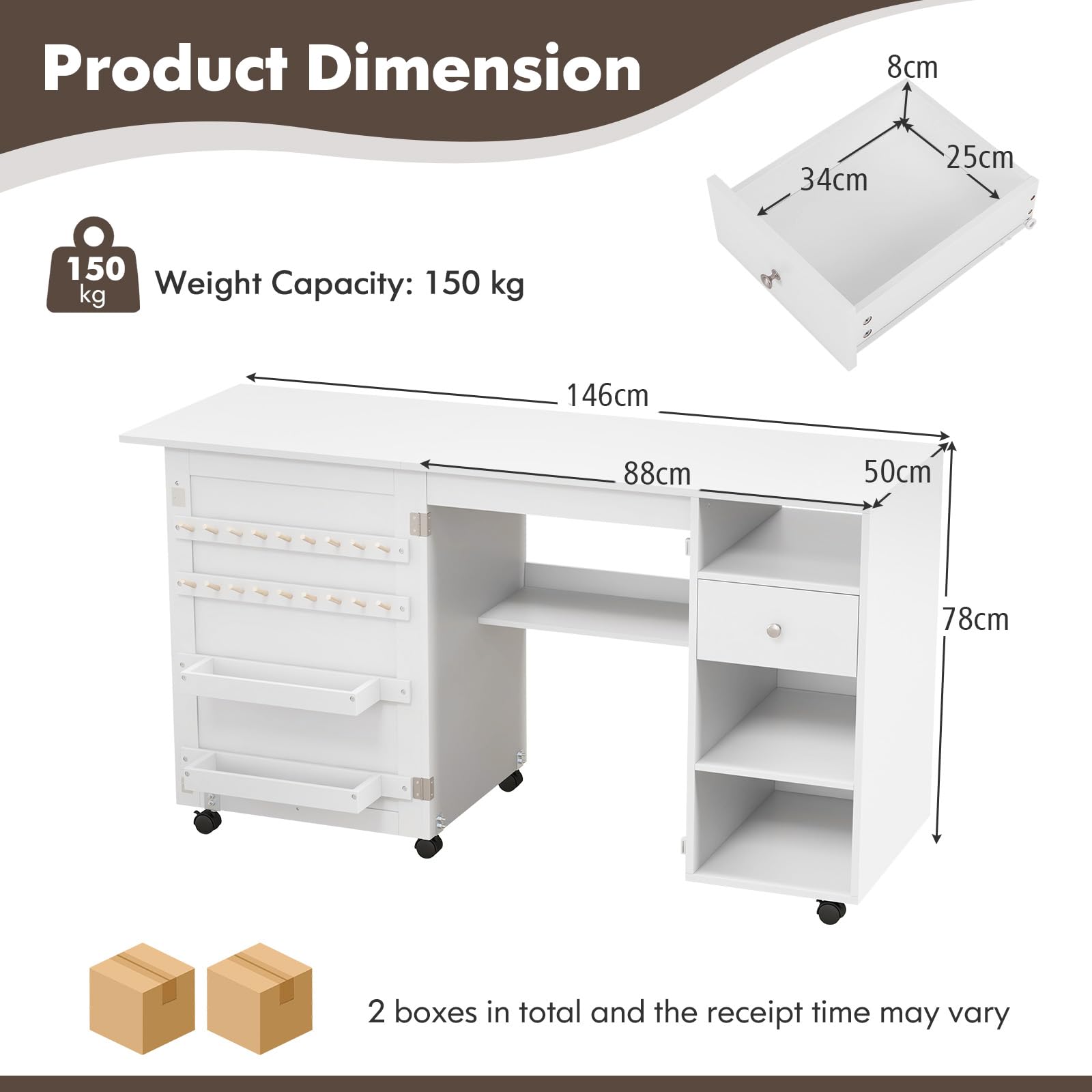 GIANTEX Armario de Costura Plegable con 6 Ruedas, Mesa de Coser con Estantes, Cajón y Soportes para Carretes de Hilo, Mesa Multiusos 2 en 1 para Dormitorio, Salón y Estudio, Blanco