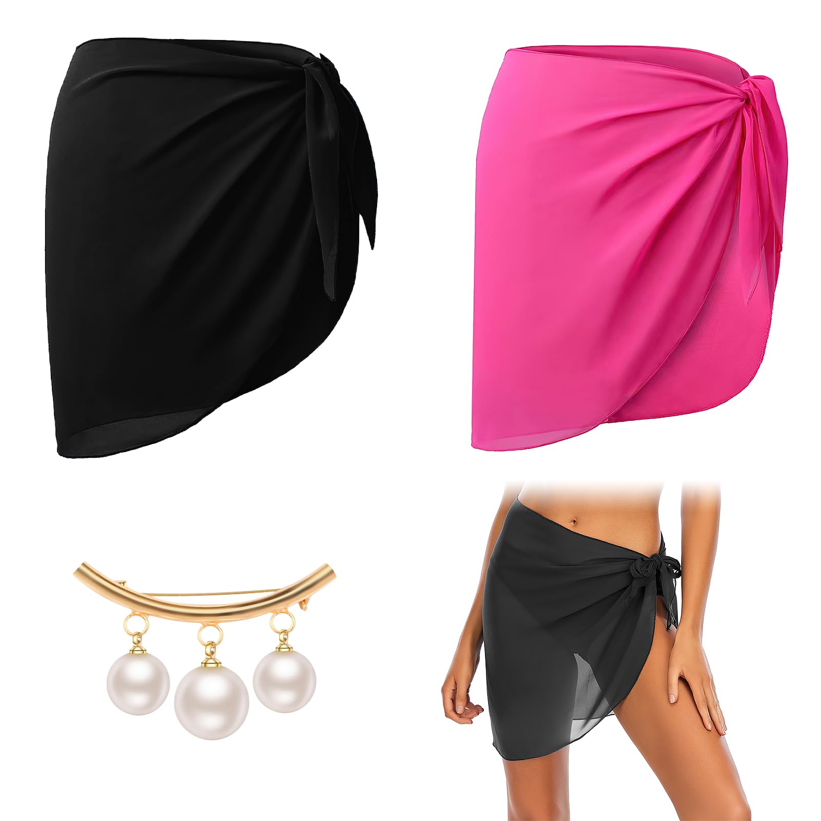 ZOCONE 2 Piezas Pareos de Playa Mujer, Pareos Playa Mujer 50x140cm Cubierta Sarong para Playa con Broches de Perlas, Falda de Playa Corta Pareo de Playa de Mujeres de Gasa de Bañador para Vacaciones