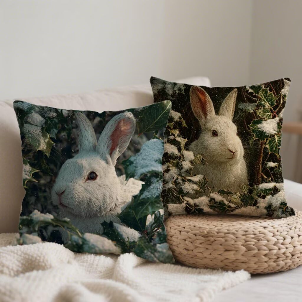 Federa Cuscino 80x80 Inverno Cuscini Divano Coniglio Cuscini da Esterno Impermeabili Linoi Set di 2 Decorativi Cushion Covers per Giardino Soggiorno Sofá Balcone Patio, Regalo per Donne 1B-180