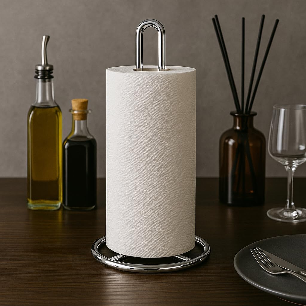Creative Home Heavy Duty Metal Paper Towel Holder | Standing Roll Dispenser for Kitchen, Dining Countertops, Bathroom, Stable Base, 4.8" Diam × 11.8" H, Chrome Plated