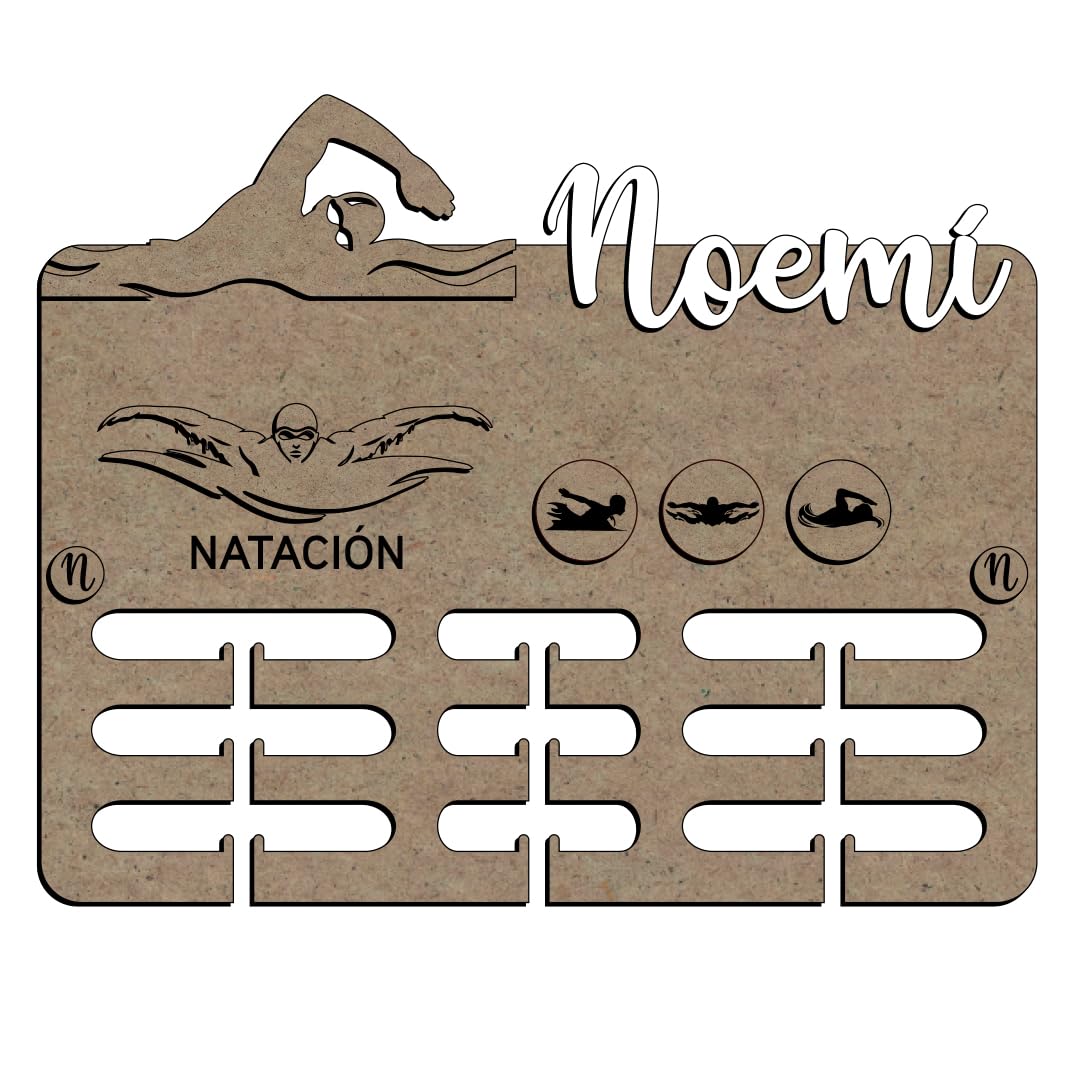 Medallero NATACIÓN de Madera, Personalizado con Nombre y Deporte, Colgador de medallas. Soporte Organizador cuelga medallas Deportivas, Regalos para Deportistas