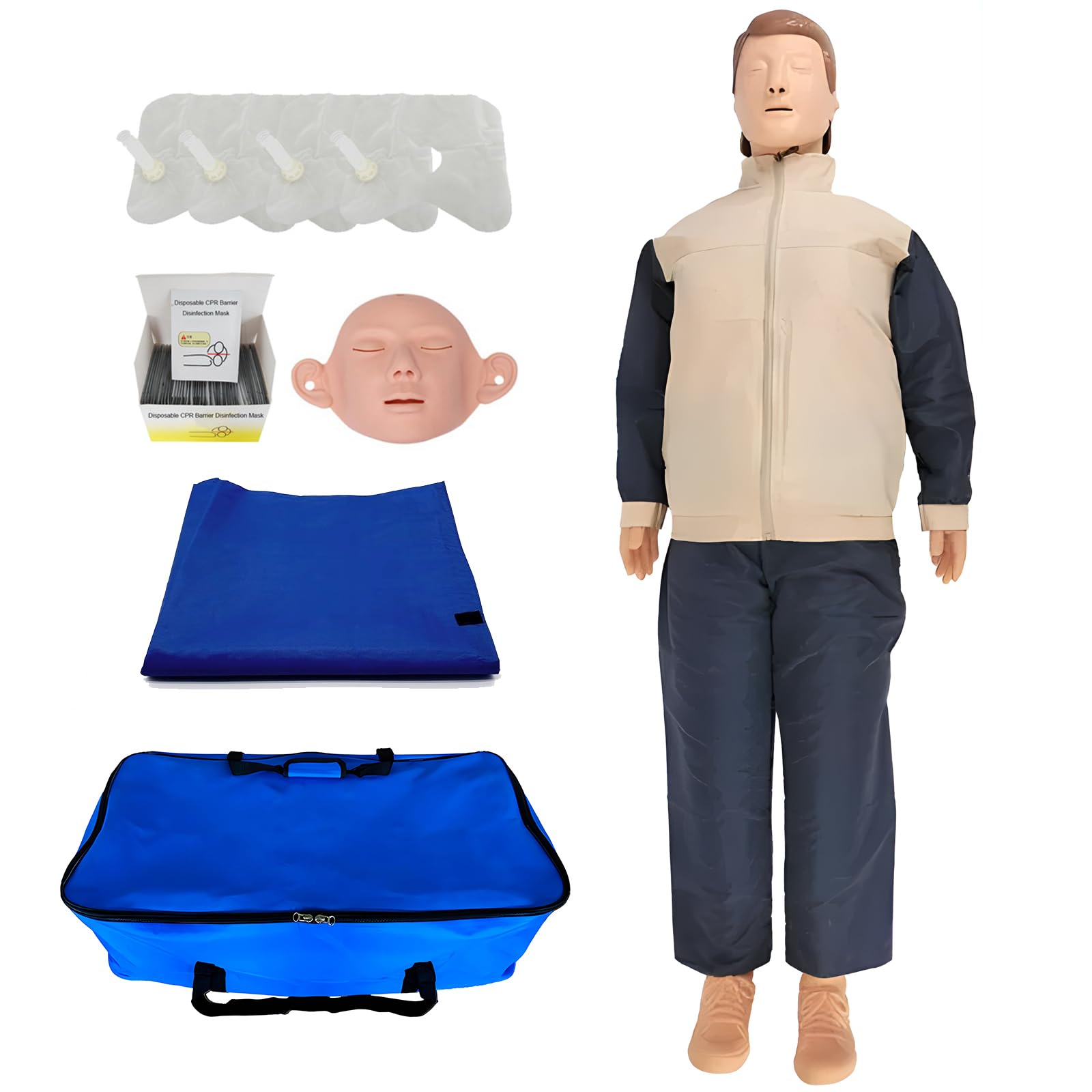 DRXRD Mannequin Secourisme RCP Tout Corps Mannequin de Formation en RCR avec Masque Facial Remplaçable & 4 Sacs Pulmonaires Remplaçables & Tapis & Sac de Transport pour Entraîner et Pratique