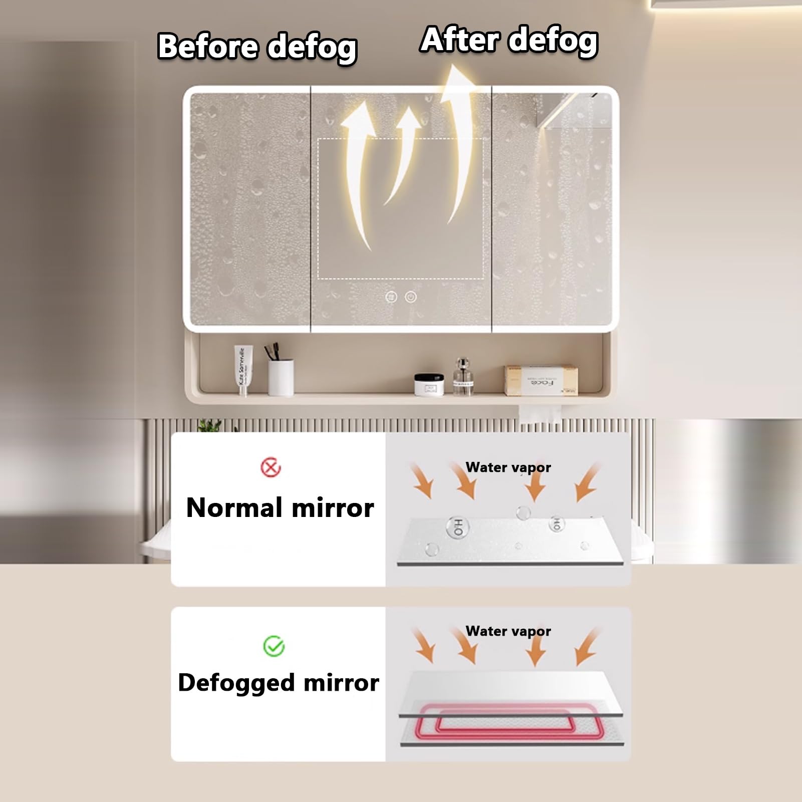 Armario Espejo Baño con Luz,LED Espejo con Almacenaje de Maquillaje,Inteligente Espejo Baño con Luz Armario Baño Pared，Alta Definición Armario Espejo Baño Atenuación Continua,con Interruptor