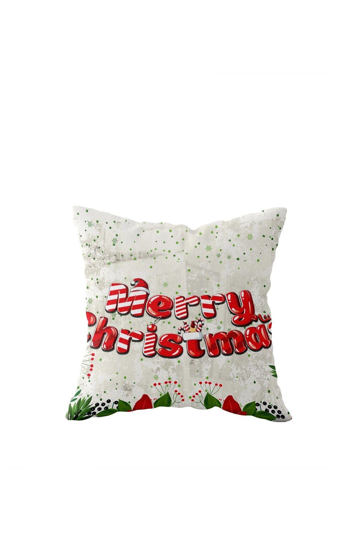 Pelangi Merry Christmas Yılbaşı Süsü Tema Çift Taraflı Gizli Fermuar Kırlent Koltuk Yastık Kılıfı, Beyaz-Yeşil-Kırmızı 43 x 43