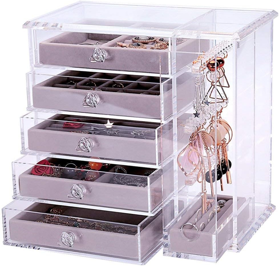 5 Drawers and 1 Vertical Drawers Panel Jewelry Box - Velvet Design - Acrylic Jewelry Organizer for Women & Girls - Holder for Earring Ring Necklace & Bracelet - Clear