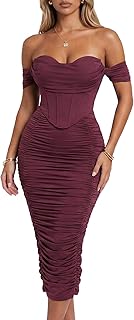 Women's Off The Shoulder Midi Dress Built-in Bra Ruched Corset Bodycon Spring Formal Cocktail