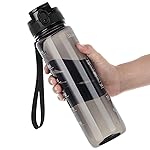 OLDLEY Water Bottle 32oz, Durable and Leakproof Water Bottles Motivational with Time Marker, Tritan, BPA Free, Wide Mouth, Gym, Travel, Home, School, Office, Clear Black (1 Bottle)