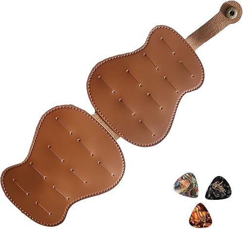 Funda con soporte para púas de guitarra que puede contener 18 piezas de variedad de púas de grosor, caja de almacenamiento de púas de cuero