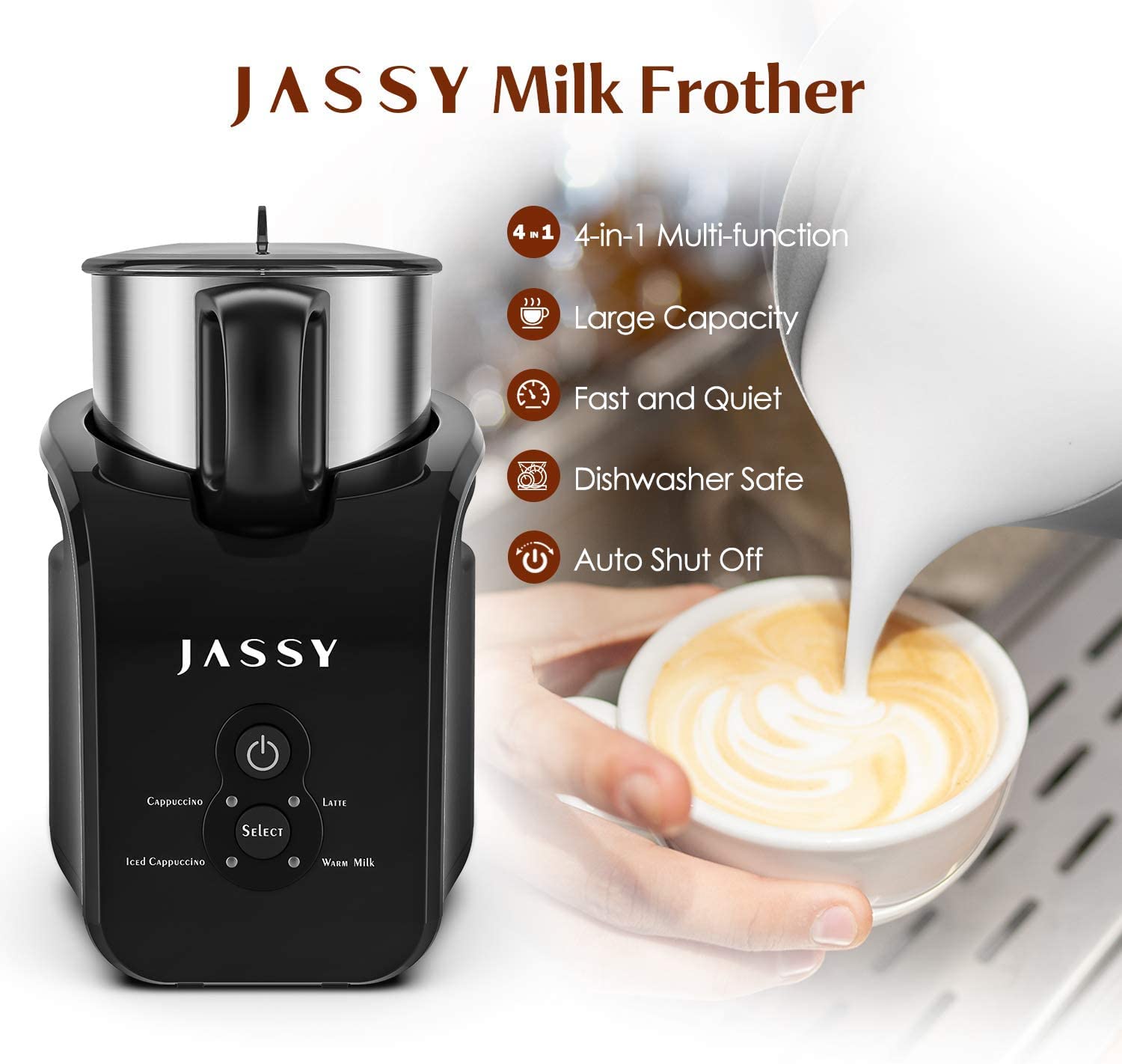 Milk Frother,4 IN 1 Detachable Electric Milk Steamer Stainless Steel,10.1oz/300ml Automatic Hot/Cold Foam Maker & Milk Warmer with 4 Modes for Latte/Cappuccino/Macchiato/Hot Chocolate Milk