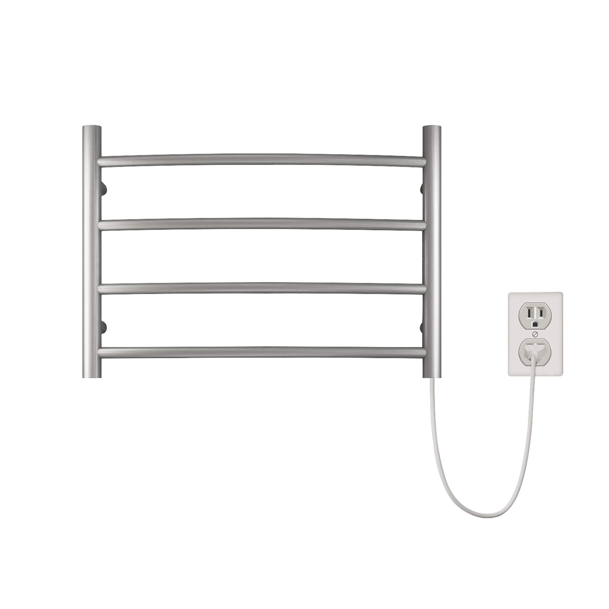 Towel Warmer Brushed Nickel for Bathroom Wall Mounted Bath Towel Heater Plug-in Electric Heated Towel Rack Stainless Steel Curved Round 4 Bars Drying Rack ETW29 40W 16.54x23.62x5.51 inches