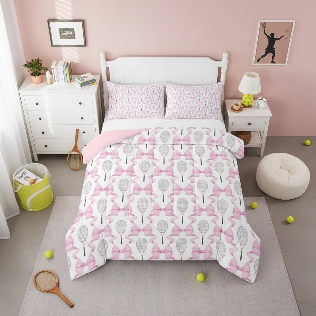 Pink Ice Hockey Queen Bedding Set for Kids,Kawaii Sport Girls Comforter Bed Set Teens Women Bedroom Decor,Dreamy Prncess Bowknot Quilt Set 3 PCS,Sport Bow Themed Duvet Insert,2 Pillow Cases