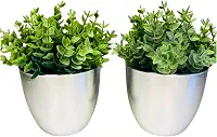 Conjunto de 2 Vasos Decorativos com Plantas Artificiais, Vaso Prateado, Folhagem Verde