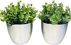 Conjunto de 2 Vasos Decorativos com Plantas Artificiais, Vaso Prateado, Folhagem Verde