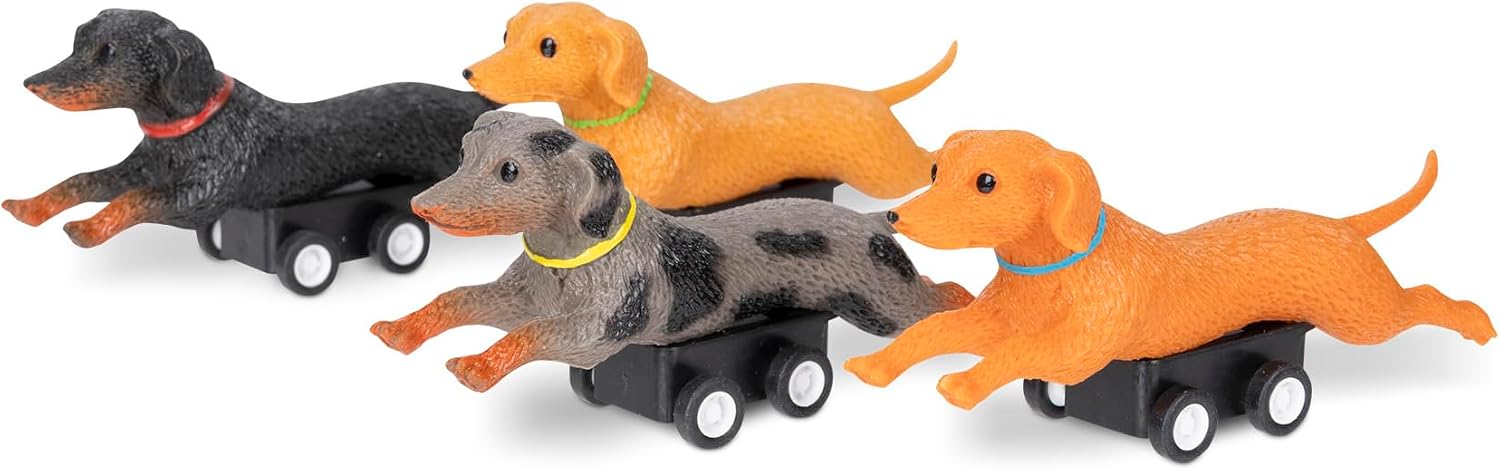 Archie McPhee Racing Wiener Dogs – Set of 4 Mini Soft Vinyl Dachshund Toys, Collectible Racing Dogs, 3.375 Inch
