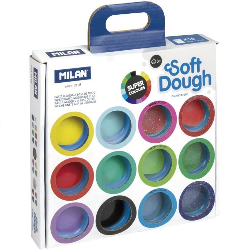 Maletín 16 botes 30 g pasta blanda Soft Dough MILAN® colores surtidos (incl. Neon y Glitter)