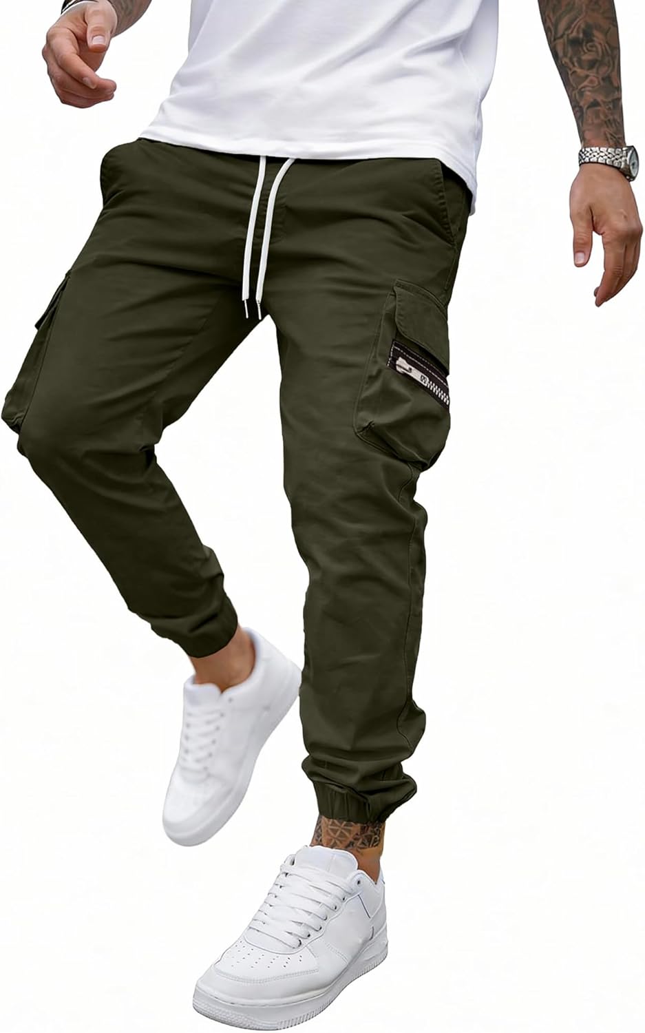 JEMLDL Mens Casual Cargo Joggers Pants—Pure Cotton Chino Pants Drawstring Hiking Outdoor Twill Sweatpants with Zipper Pocket