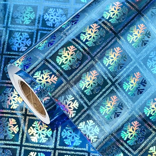LeZakaa Blue Snowflake Holographic Wrapping Paper, Metallic Foil Snowflake Frozen Theme for Christmas Eve, Holiday Season, Birthday, Wedding, Baby Shower, Graduation Party, Mini Roll, 17 IN x 32.8 FT
