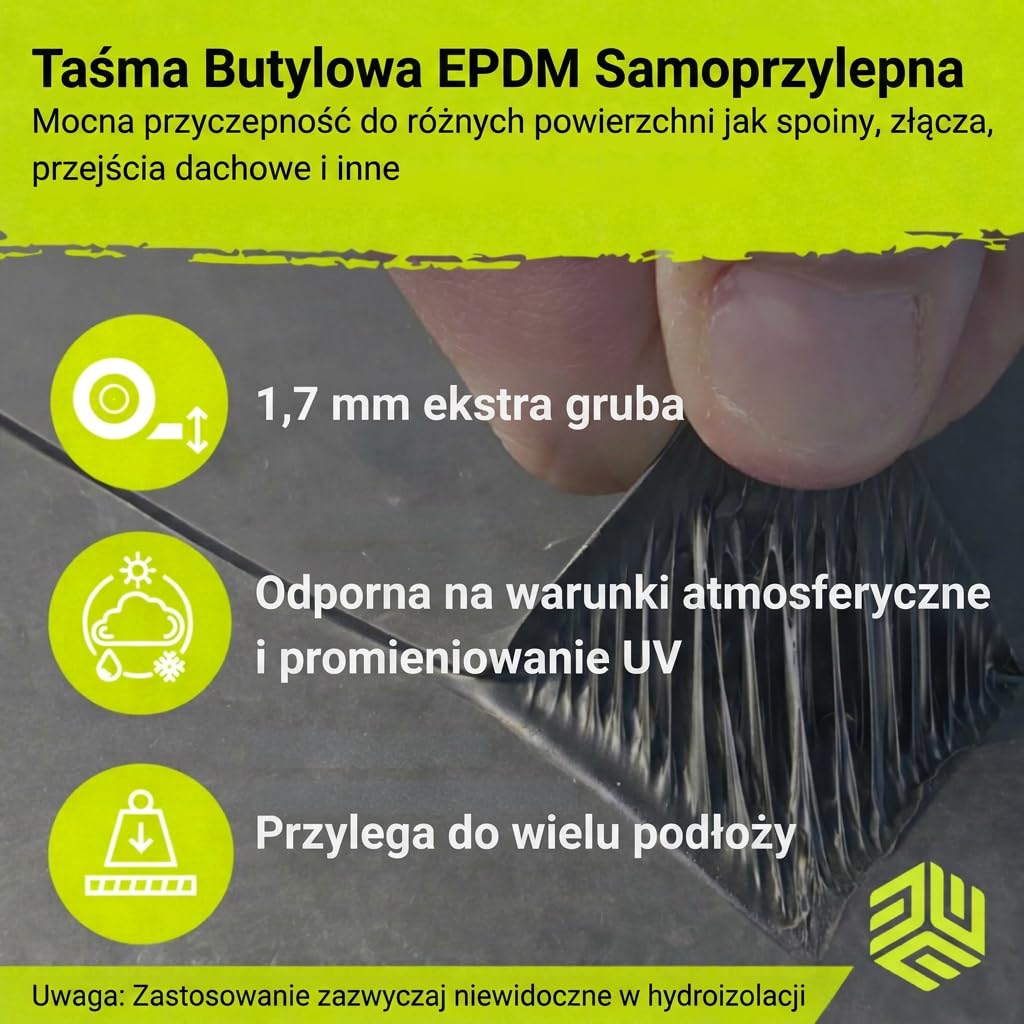 Taśma Butylowa EPDM Dekarska 1,7mm | Samoprzylepna Taśma Uszczelniająca do Dachu Okien Tarasu Fasad | Elastyczna Hydroizolacja Wodoszczelna UV Czarna - 10cm x 5m