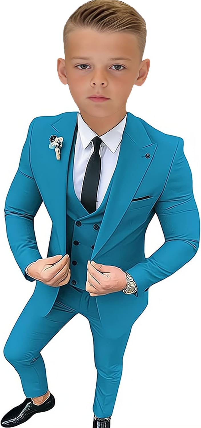 Boys Tuxedo Slim Fit Suit 3 Piece Peaked Lapel Kids Tuxedo Boys Formal Suit Jacket Vest Pants