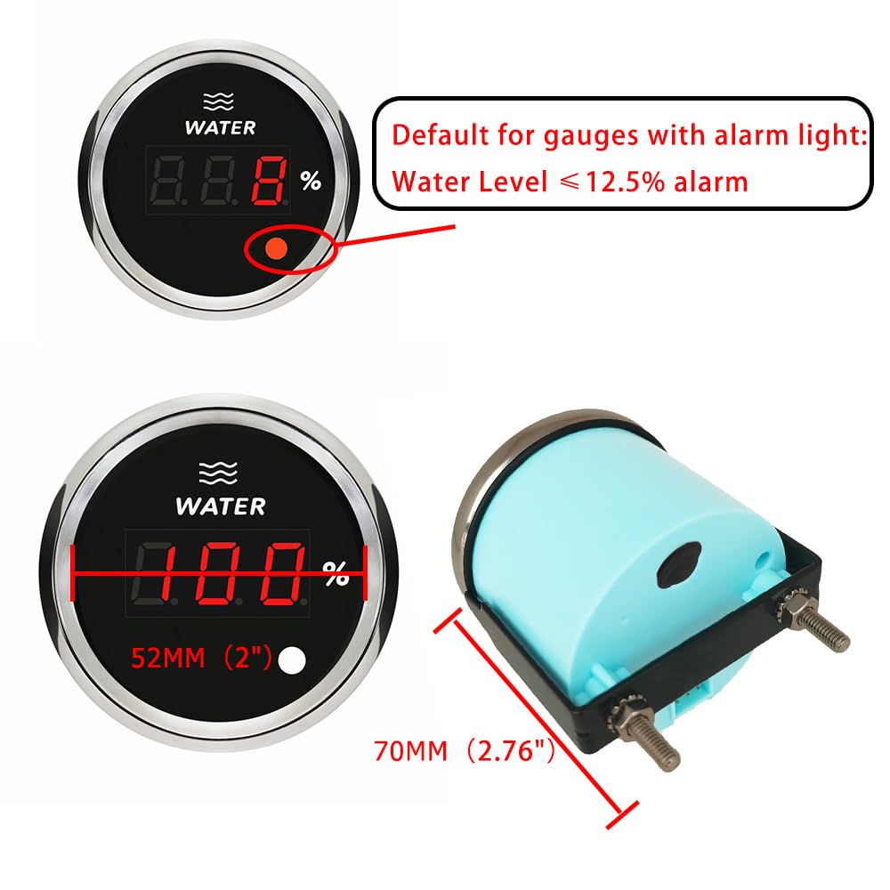 ELING Capteur de niveau d'eau numérique de 52 mm avec rétroéclairage 8 couleurs 0–190 Ohm Signal Émetteur de niveau d'eau Capteur 500 mm pour yachts et navires