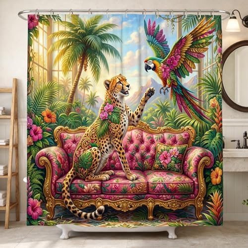 Leoparden-Duschvorhang, tropische, lebendige Papageienblumen, Sommergrün, waschbar, mit Haken, Badewannentuch, Vorhänge für Badezimmer, Toilette, Gästezimmer, Dekoration, 157 x 183 cm