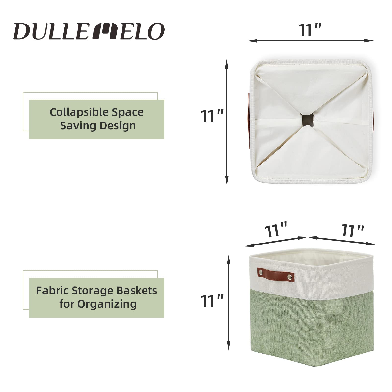 DULLEMELO Aufbewahrungskörbe zum Organisieren, Stoff-Aufbewahrungswürfel für Box, 27,9 cm, dekorative Würfel-Aufbewahrungskörbe mit Griff für Geschenkkorb (4 Stück, 27,9 cm, Weiß und Grün)