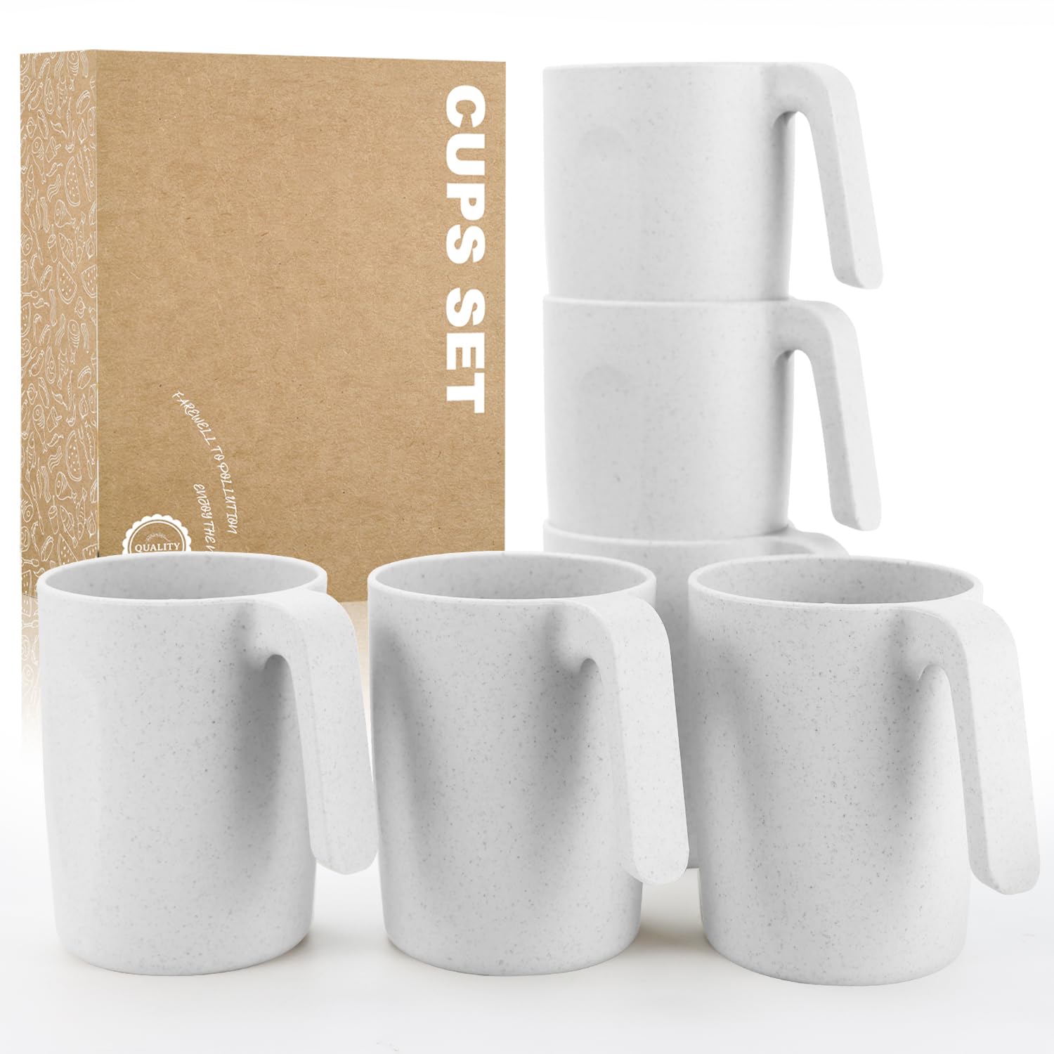 Wrova Reusable Mugs Sets of 6-16 OZ Drinking Cups 450 ml - Unbreakable Plastic Coffee, Milk, Juice, Water Cup for Kitchen Dishwasher and Microwave Safe Plastic Cups - White