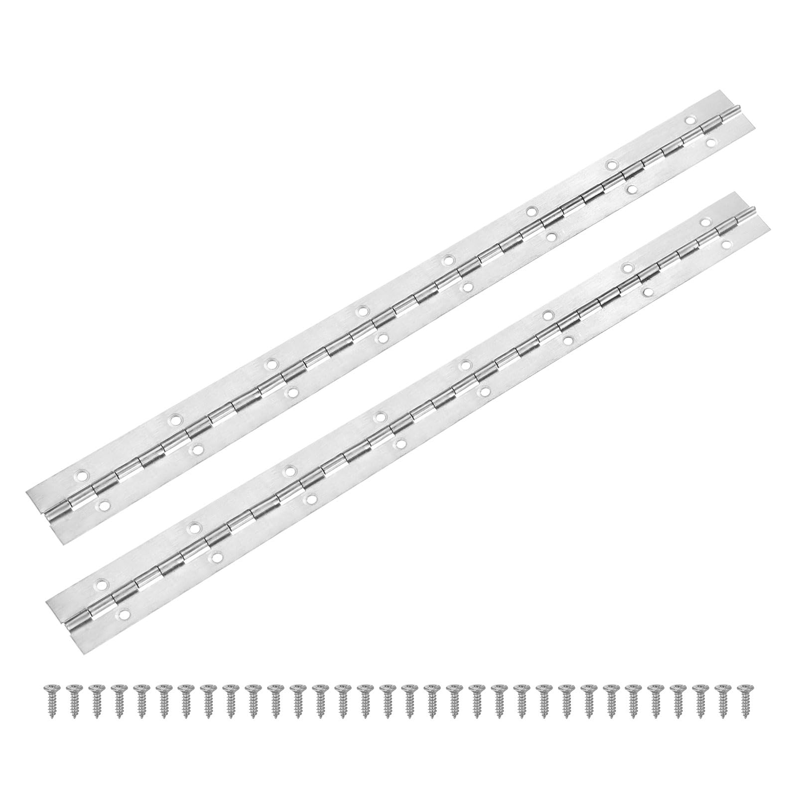 M METERXITY 2-Pack Piano Hinges, 16 Inch / 400mm Stainless Steel Continuous Piano Hinge with Holes and Screws for Cabinets Door/Storage Box [1.2X 0.04/ 30x 1mm Open Width Thick, Silver Tone]