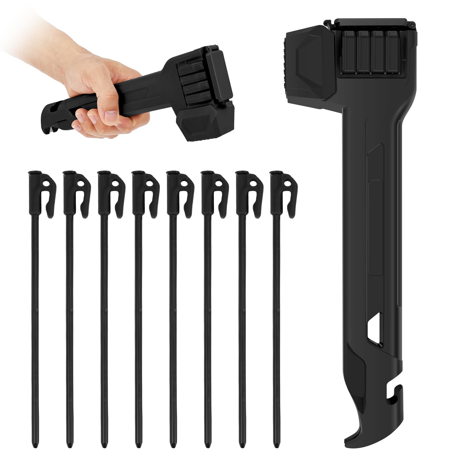 Steel Camping Hammer with 8 Stakes, Tent Peg Puller & Bottle Opener(Black)