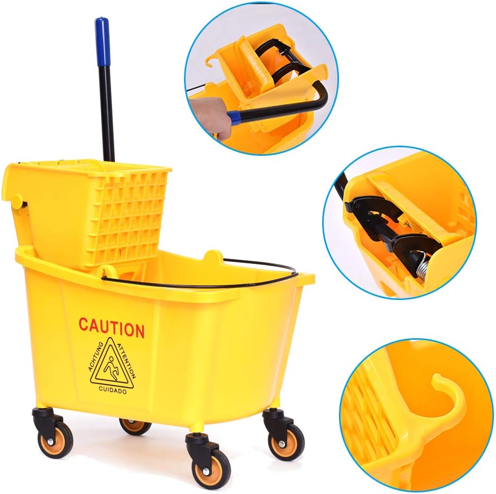 Commercial Mop Bucket, Mop Bucket with Wringer, Household Portable Mop Bucket, Very Suitable for Home and Public Floors, Capacity 32L, Yellow