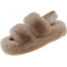 Womens Fuzzy Slippers Adjustable Fluffy Thick Sole Cozy Comfy Memory Foam Open Toe House Slippers Faux Fur Soft Plush Two Band Slides Anti-Skid Indoor Outdoor Home Bedroom for Women