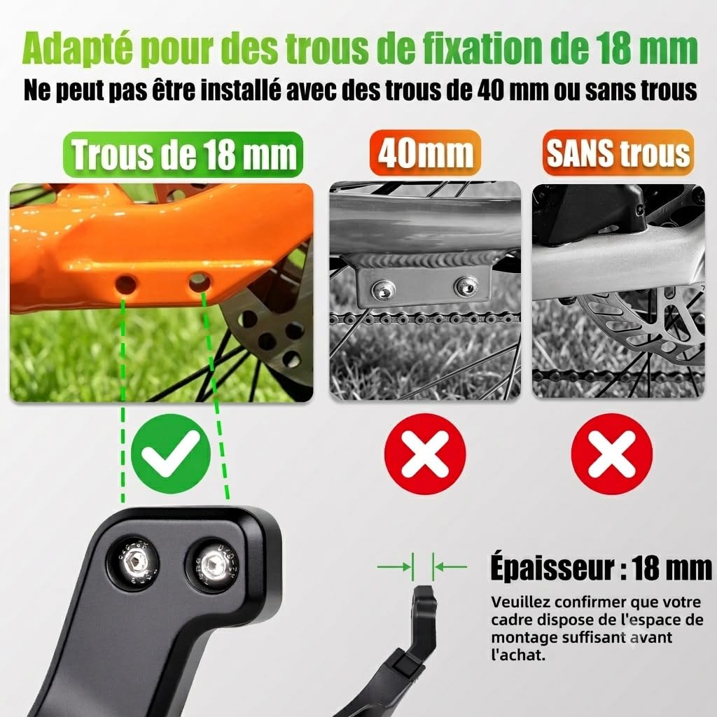 RBRL Support de vélo pour vélo électrique (Roue arrière) - avec 2 Trous de 18 mm, capacité de Charge de 85 kg, béquille latérale en Aluminium Ultra-Stable pour Roues de 26 à 29 Pouces