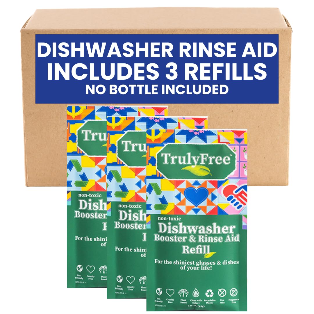 Truly Free Natural Dishwasher Booster & Rinse Aid - Non-Toxic Dishwashing Aid Formula, Removes Residue & Tough Dish Stains, Water Spot Remover - Pack of 3