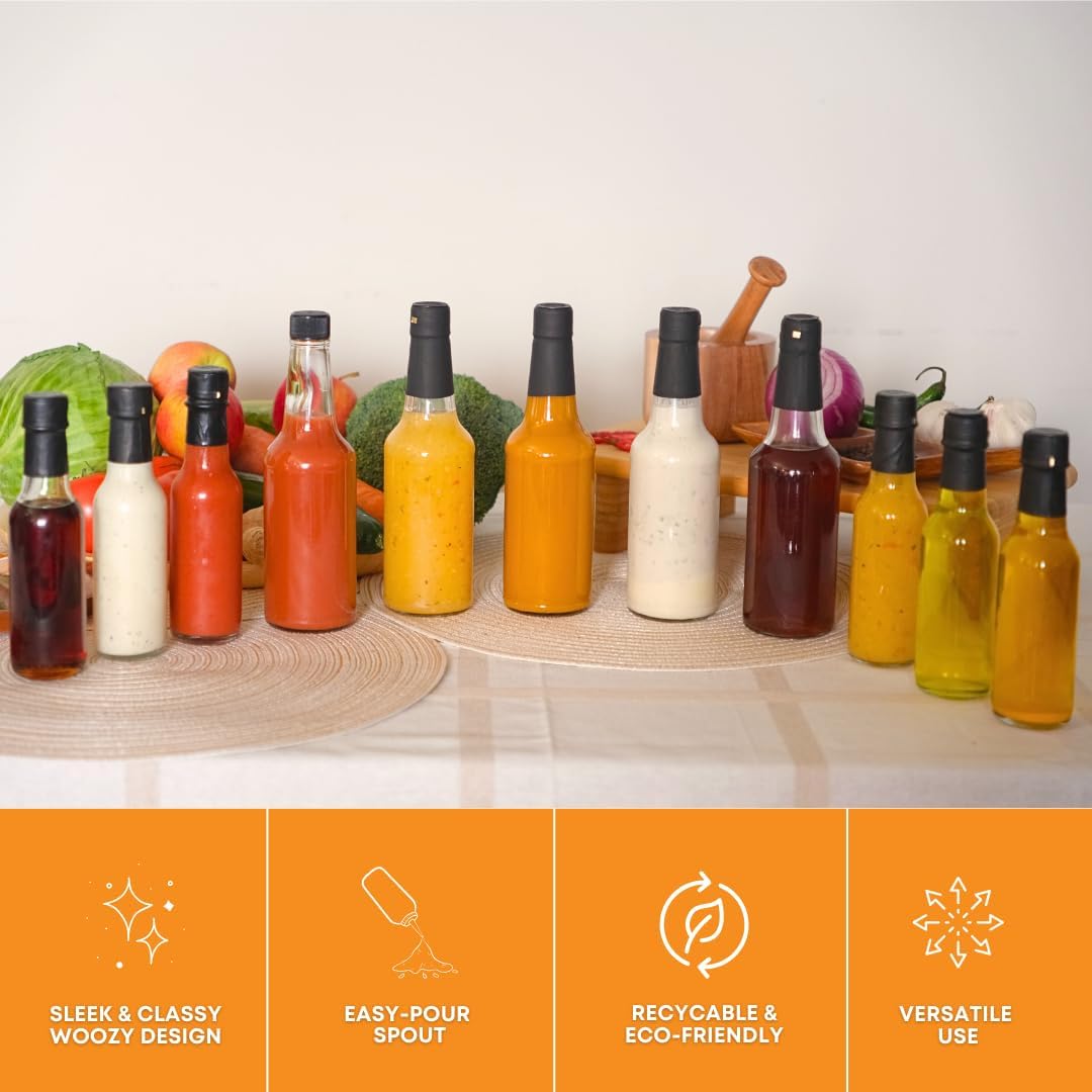 FastRack Woozy Bottle 10 oz (Pack of 12) | Small Hot Sauce Bottles for Canning | Empty Clear Glass Sauce Bottle with Black Plastic Caps | Leakproof Cap - No Dripper Included