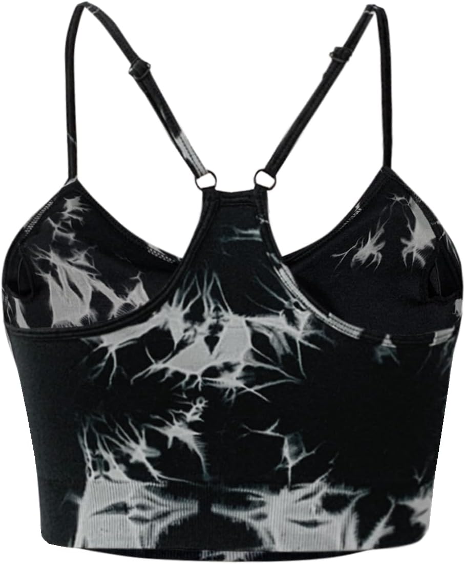 Women's Sports Bras Gym Yoga Crop Bra Seamless Tie-dye Strappy Racerback Spaghetti Strap Bras with Removable Pads - Image 2